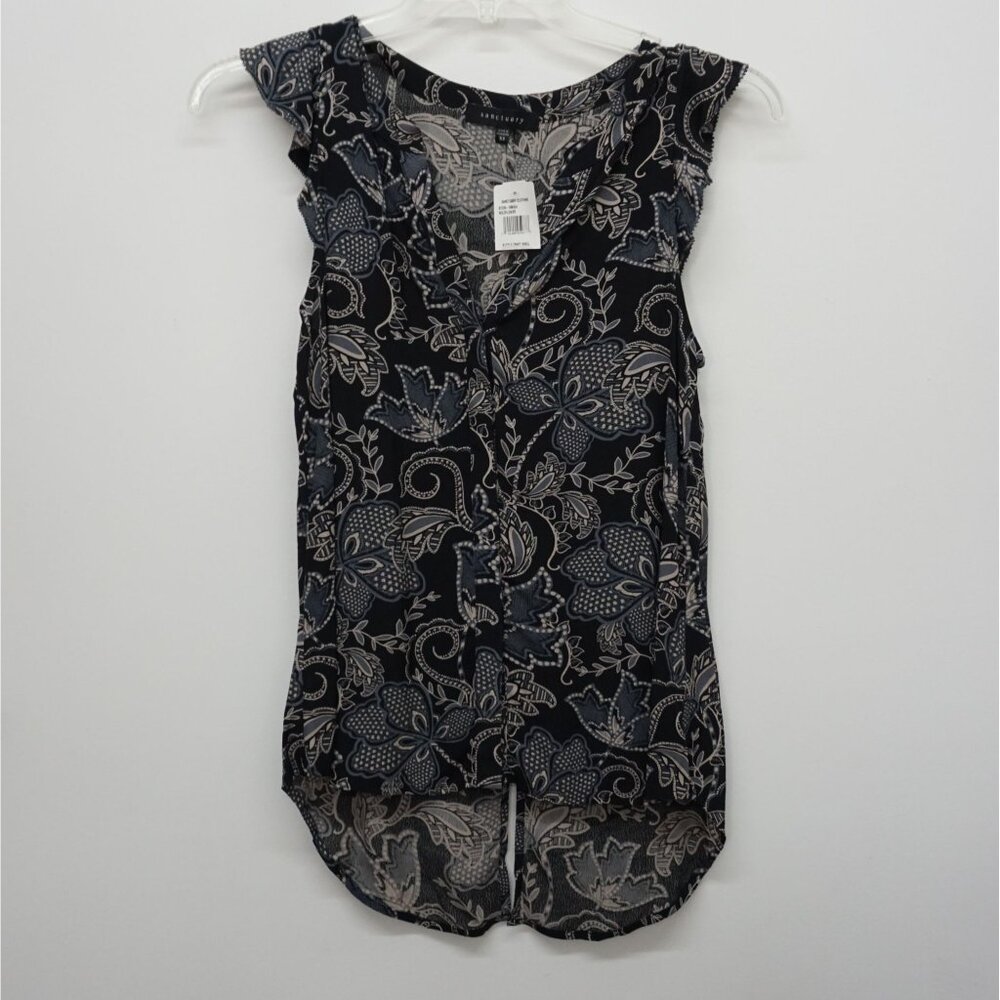 Sanctuary Women's XS Top Ruffle Cap Sleeve Button Down Blouse XS Black Multi
